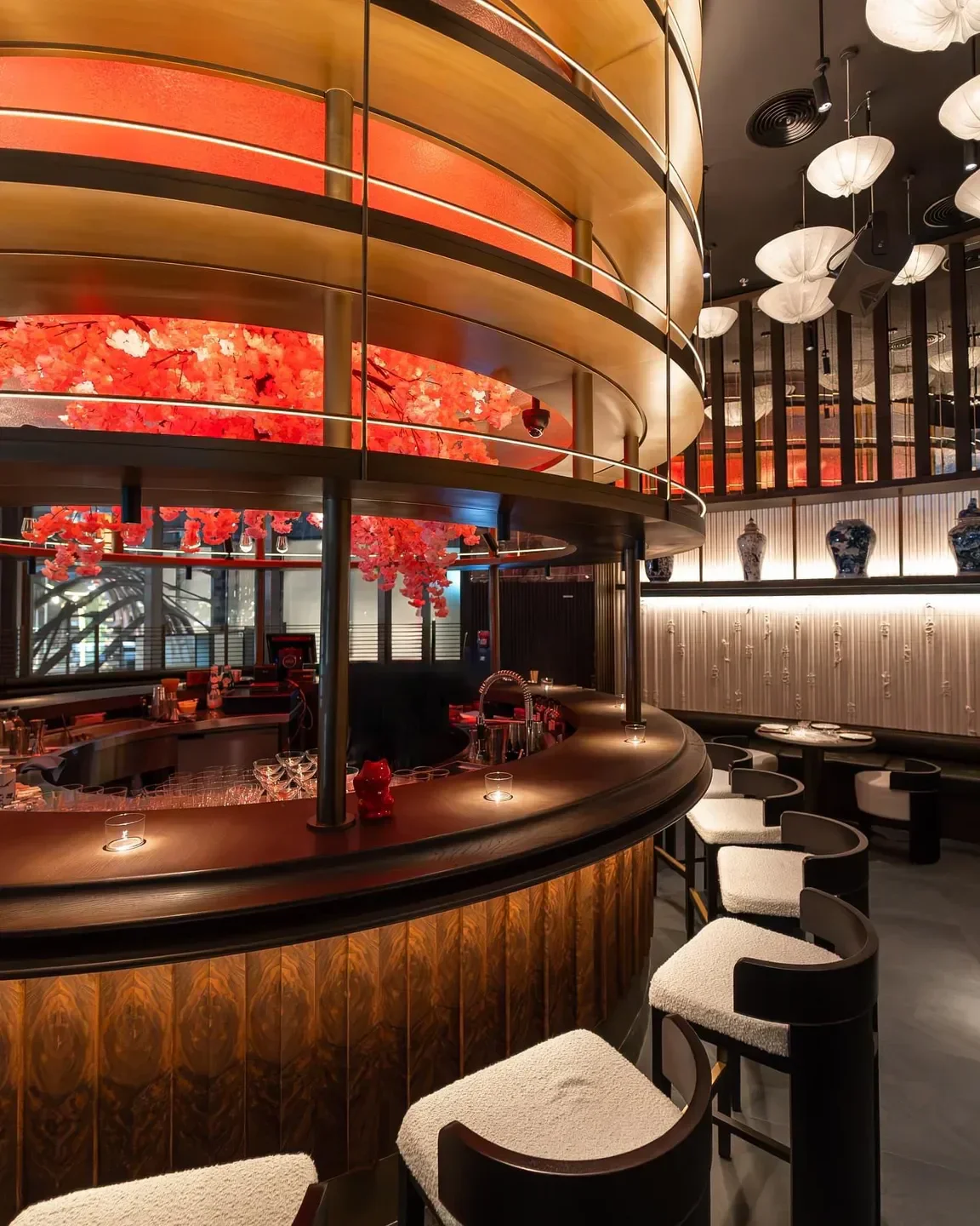 Interior of Alba Restaurant Dubai featuring a stylish bar with unique decor in Dubai.