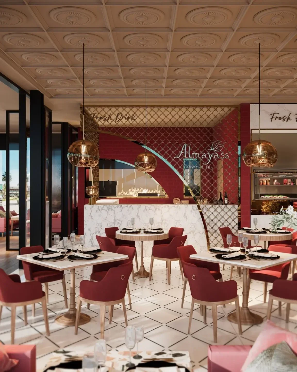 Elegant interior of Almayass by the Sea restaurant in Dubai, featuring stylish red seating.
