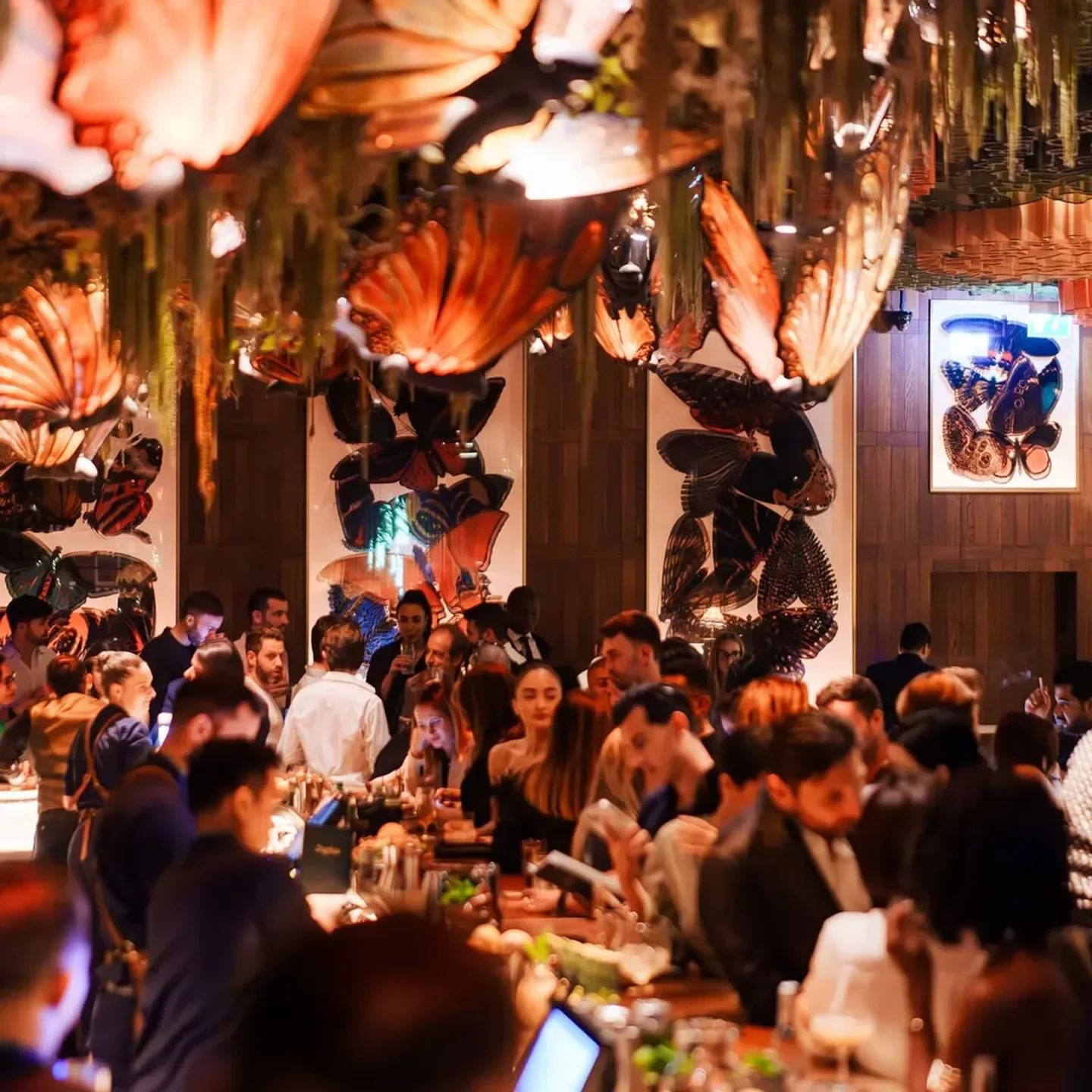 Busy bar at Amazonico Dubai, with butterfly decor and lively atmosphere.