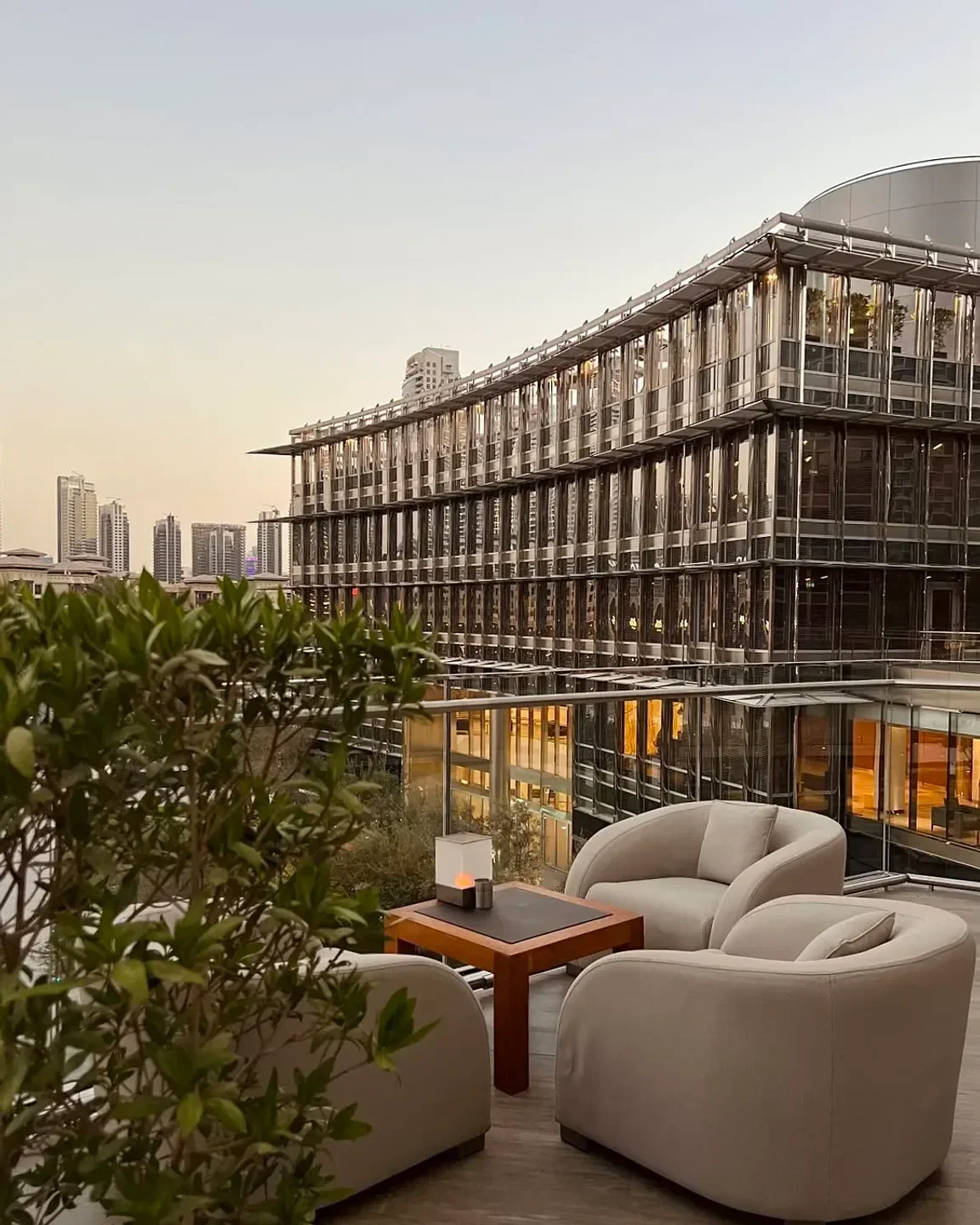 Armani Amal restaurant in Dubai with outdoor seating, modern architecture