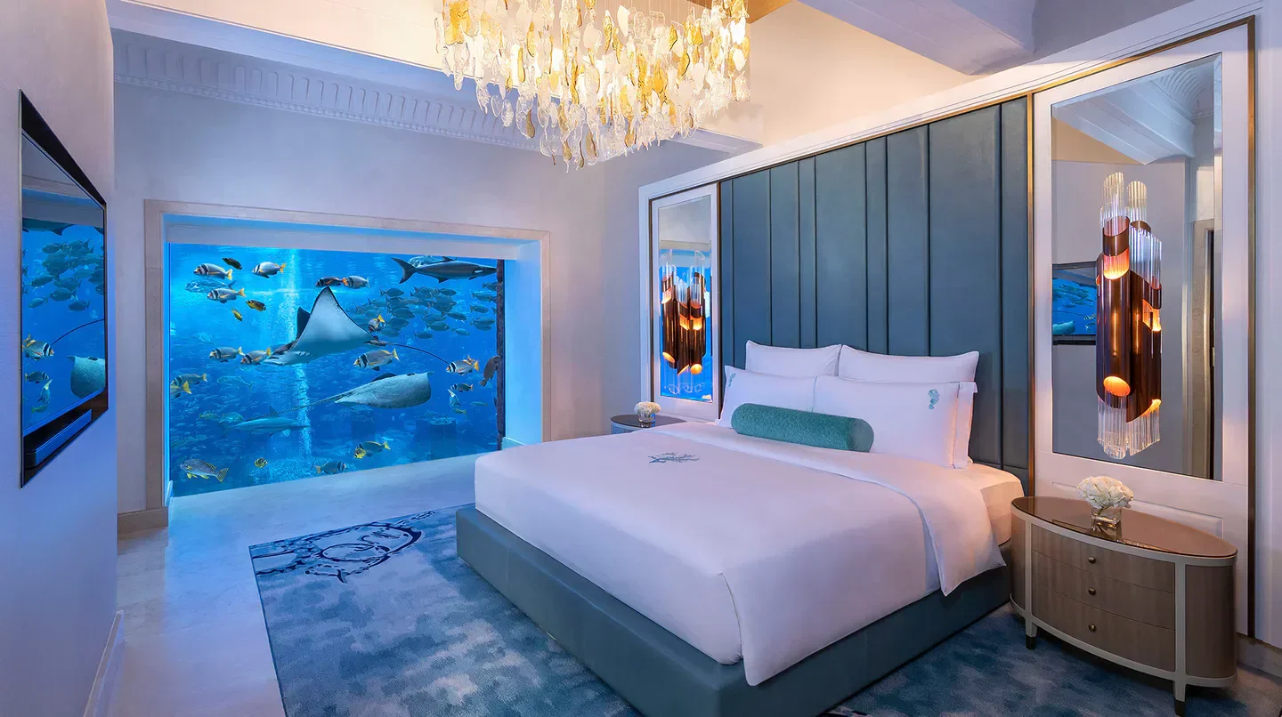 Atlantis, The Palm Dubai hotel room with stunning aquarium views and luxurious decor