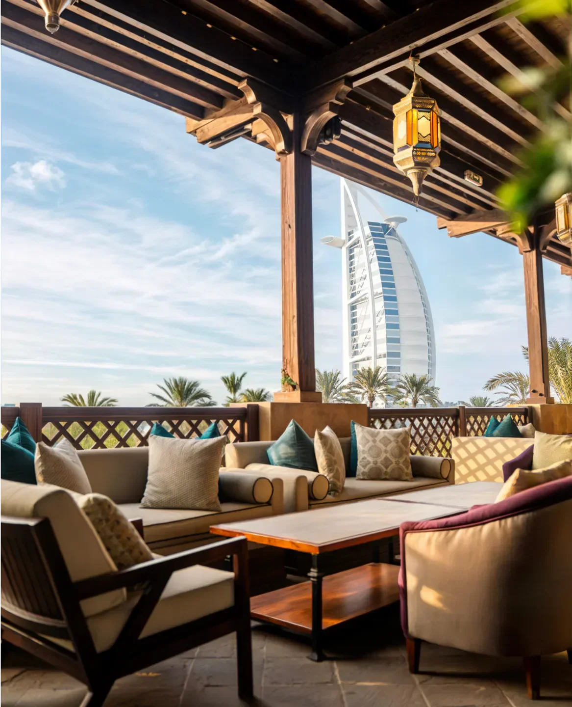 Cozy seating area at Bahri Bar in Dubai with views of the Burj Al Arab