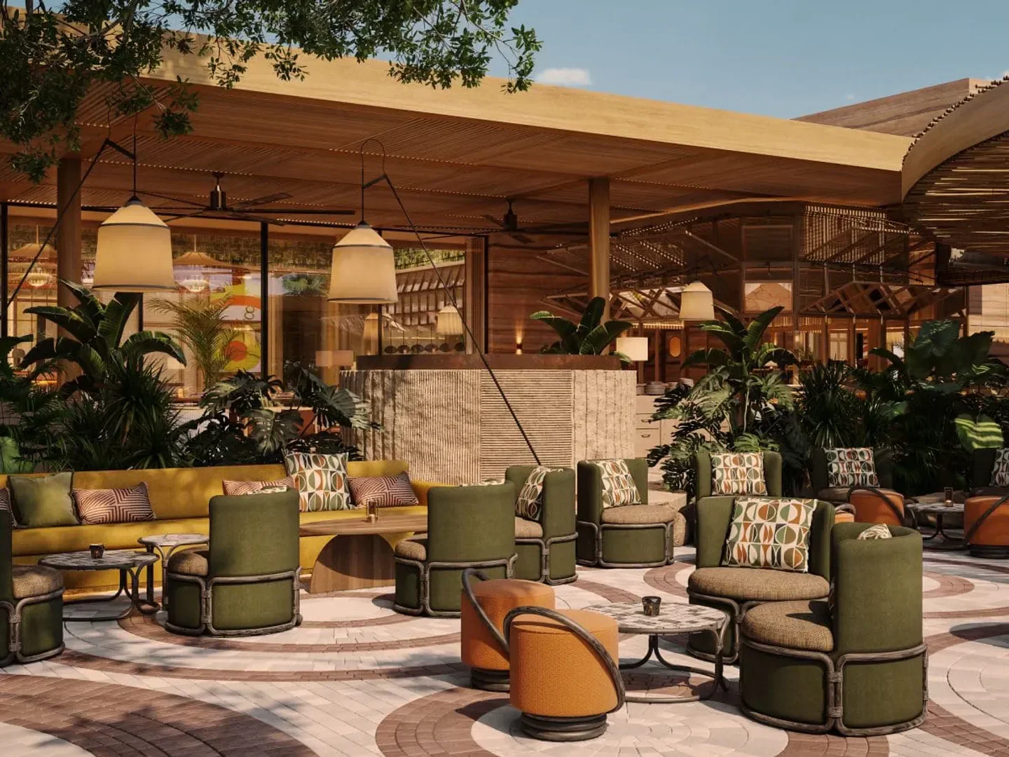 Stylish outdoor seating area at Baoli Beach restaurant in Dubai, featuring comfortable armchairs.