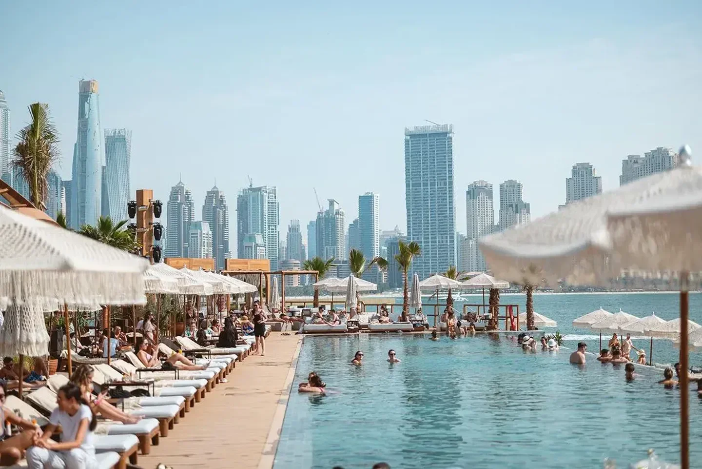 Relaxing day at Be Beach Dubai with stunning skyline views and luxury beach club vibes.