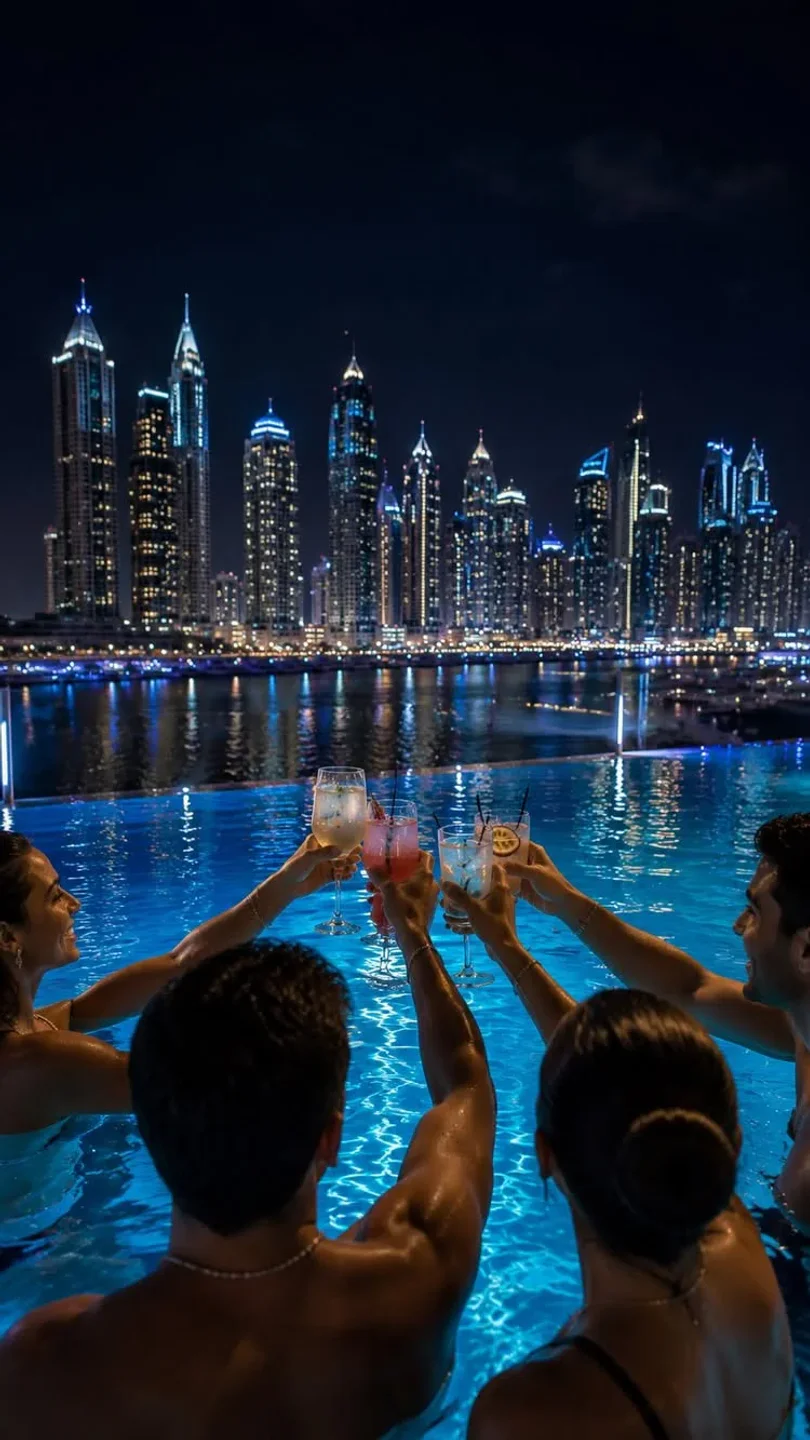Bohemia Beach Club guests toasting cocktails in the pool with a city skyline at night