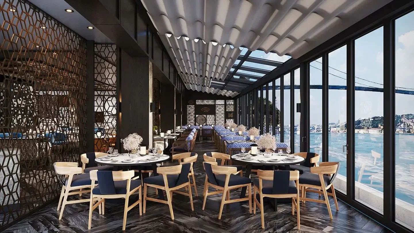 Stylish interior of Hakkasan Dubai with stunning waterfront views and modern decor.