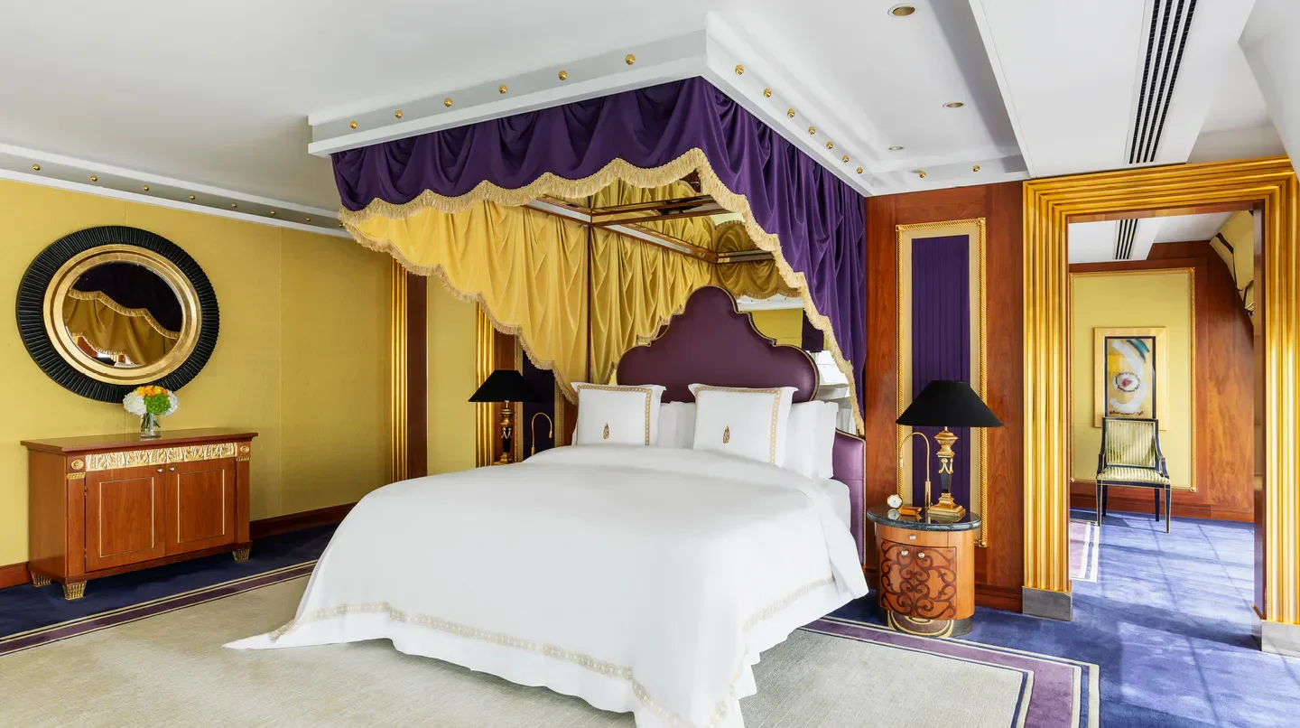 Luxury bedroom at Jumeirah Burj Al Arab in Dubai, featuring elegant design and decor.