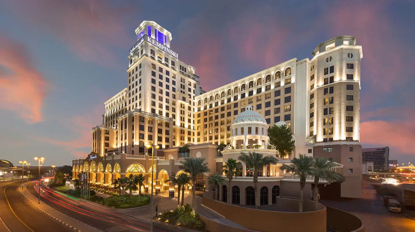 Exterior view of the Kempinski Hotel Mall of the Emirates in Dubai at twilight
