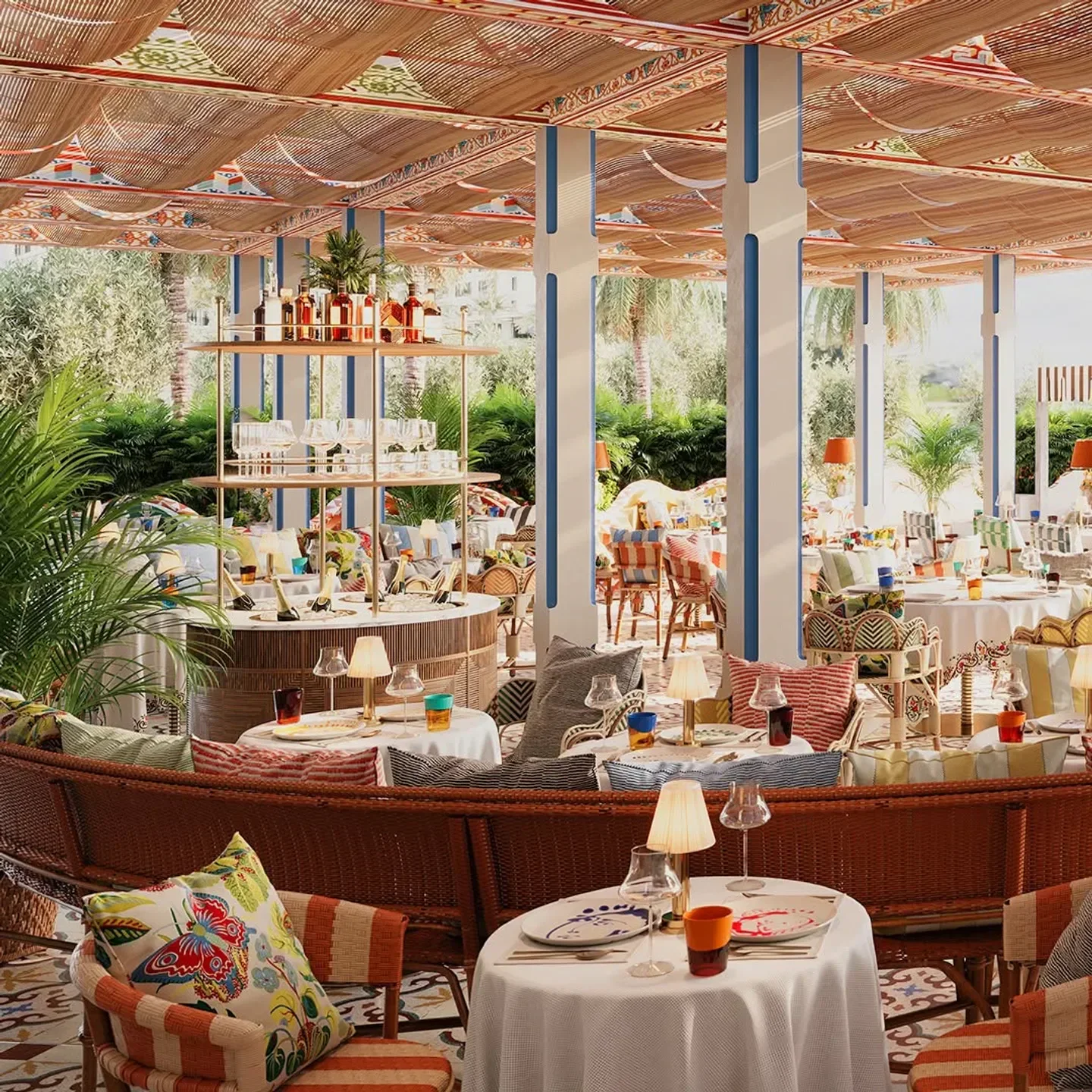 Stylish interior dining area at La Baia restaurant in Dubai, featuring elegant design.