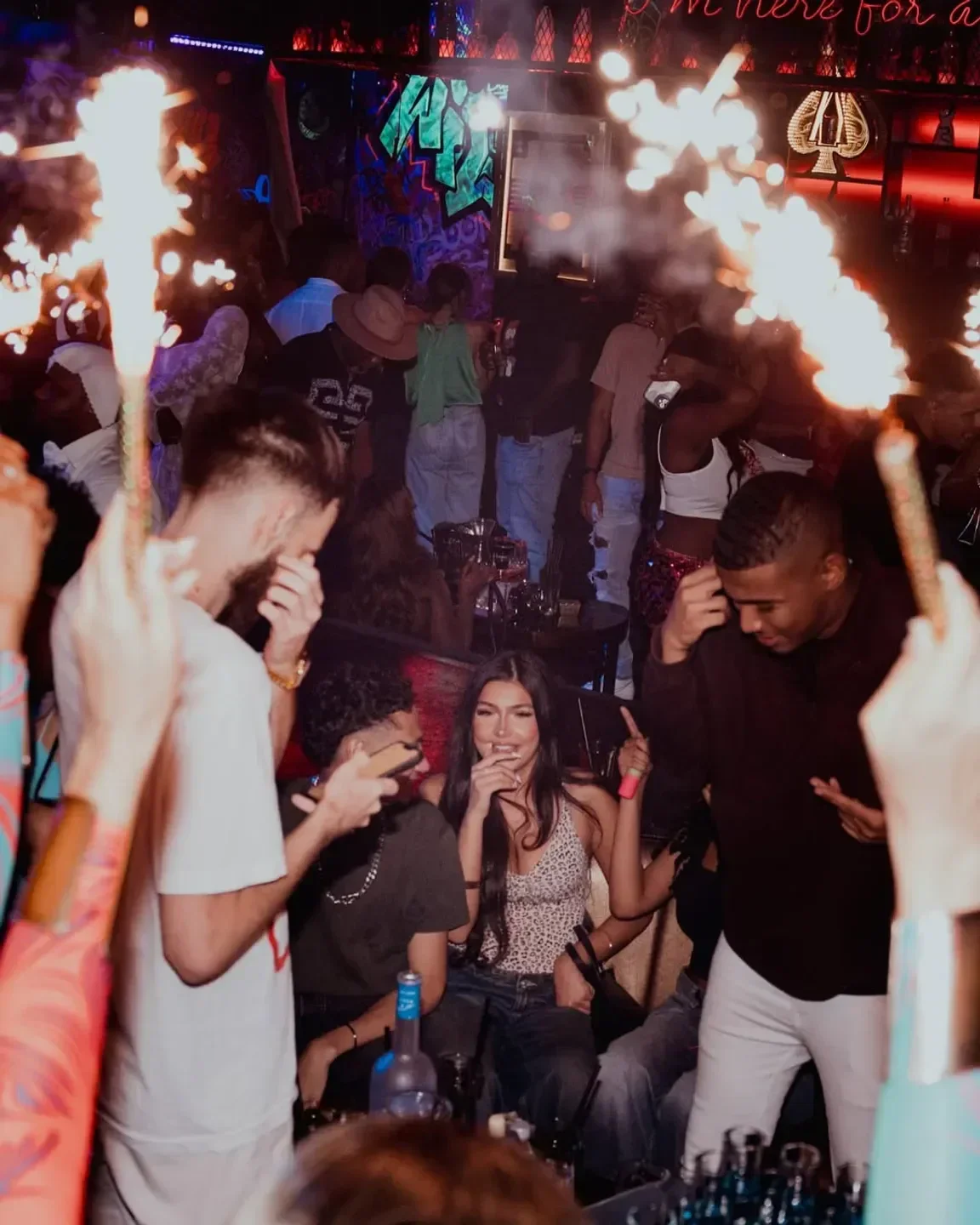 Nightclub in Lekki, Dubai: People enjoying a lively party with sparklers and music.