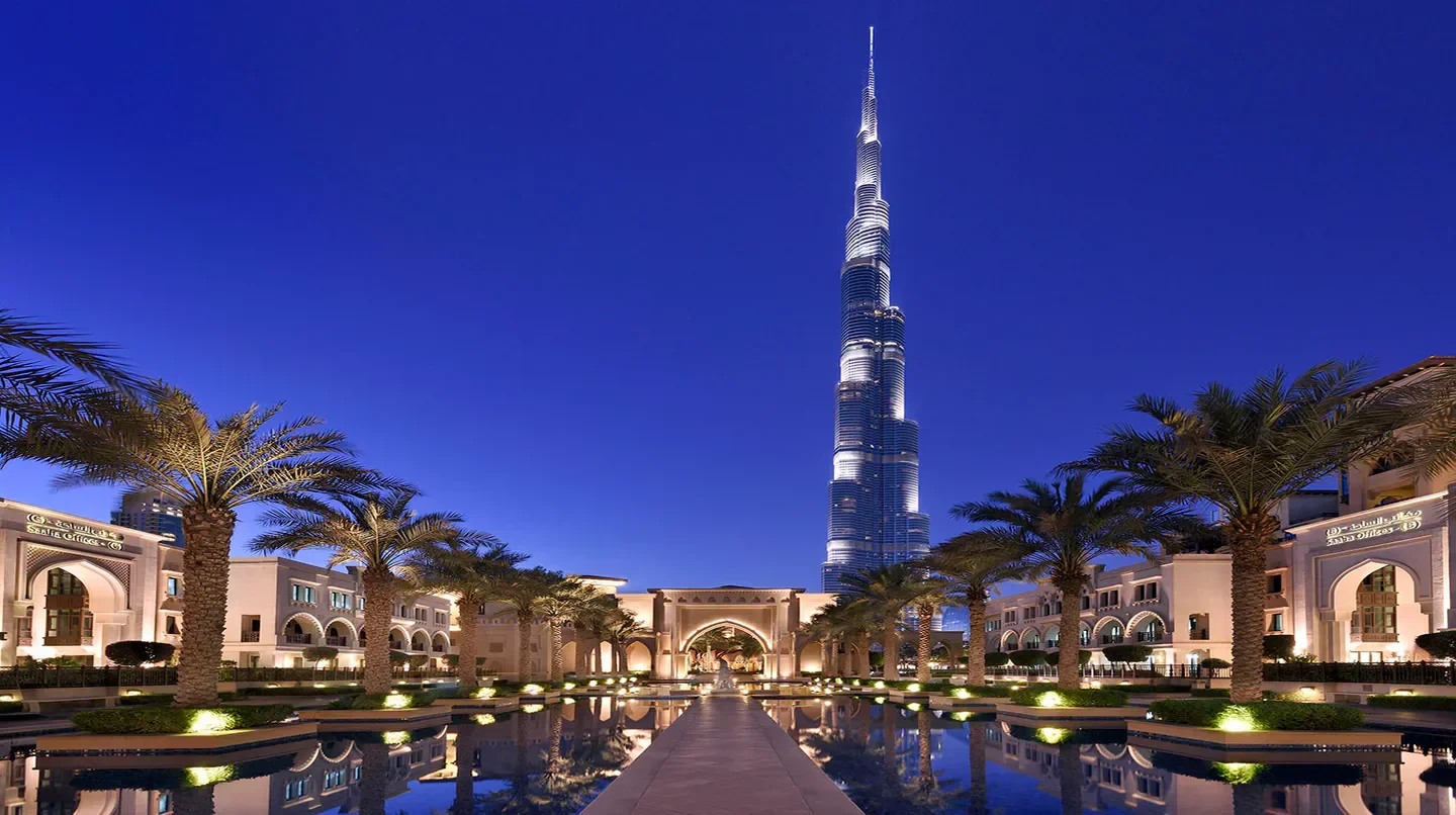 Palace Downtown Dubai, with Burj Khalifa in the background, a luxury hotel in Dubai.