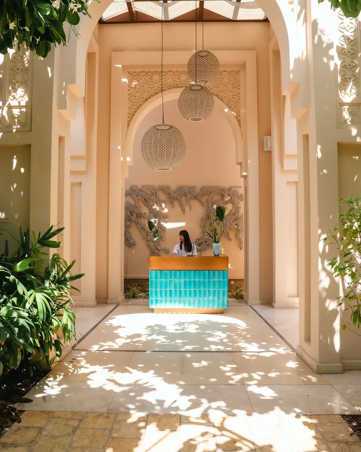 Sea Fu Dubai's elegant entrance, featuring decorative lamps and a welcoming reception area.