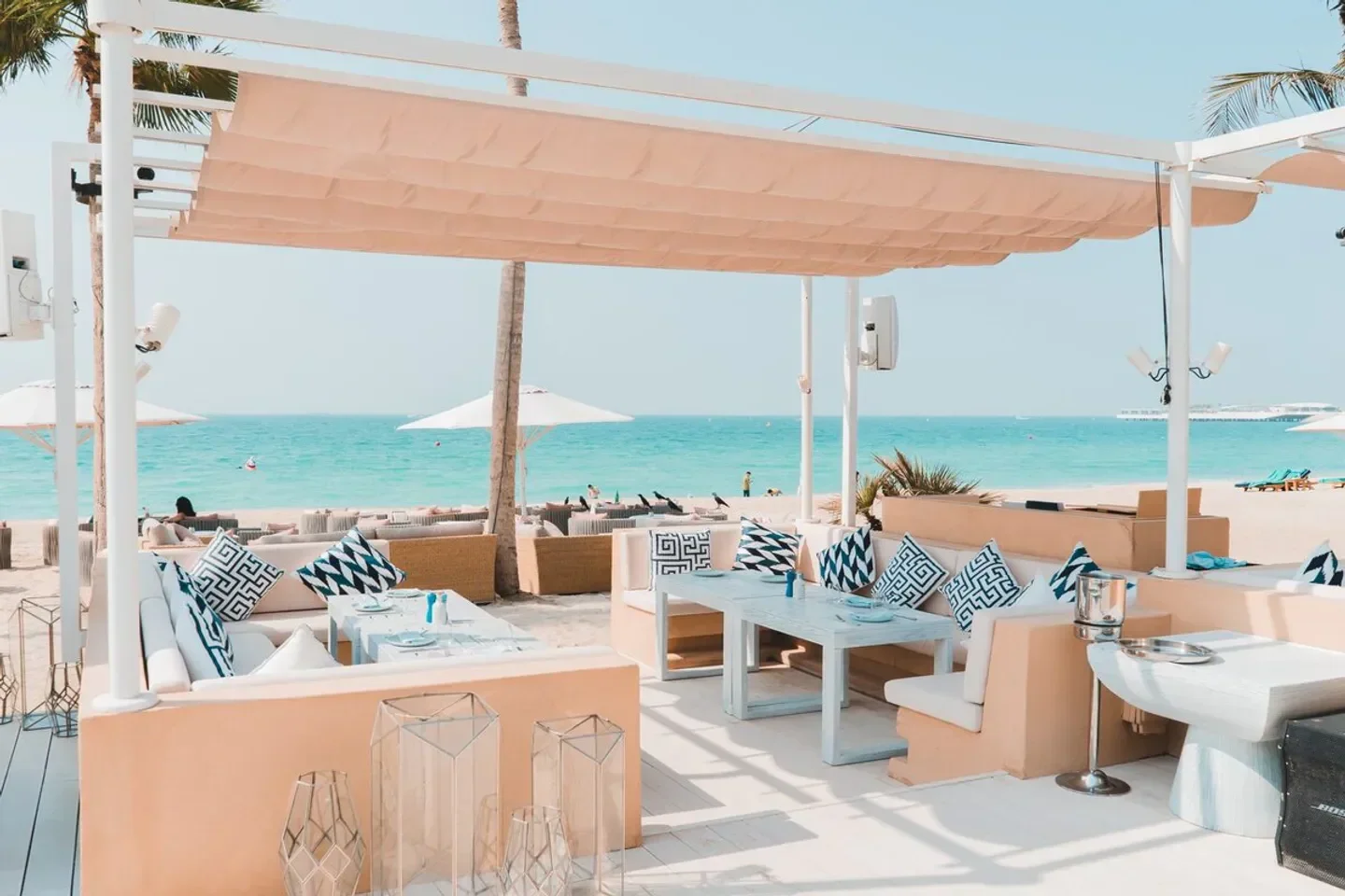 Summersalt beach club in Dubai, offering stylish seating with ocean views.