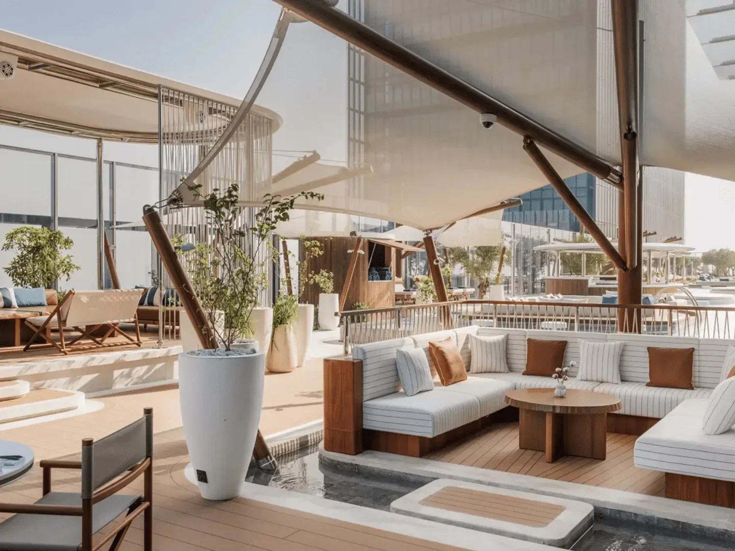 Stylish lounge area at Tapasake Pool Club in Dubai, a luxurious beach club.