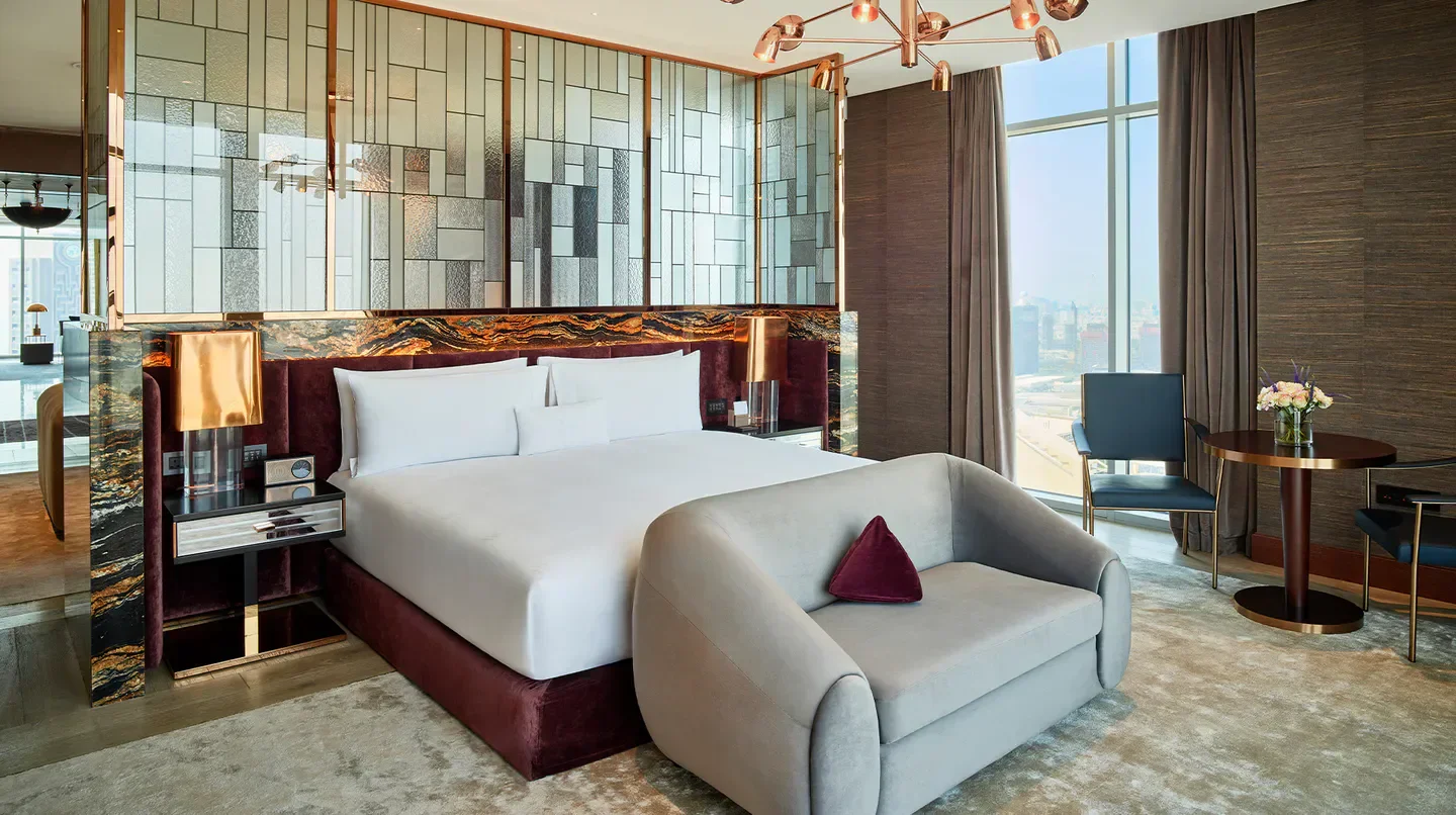 Luxury suite at Waldorf Astoria Dubai International Financial Centre, Dubai, with stunning views.