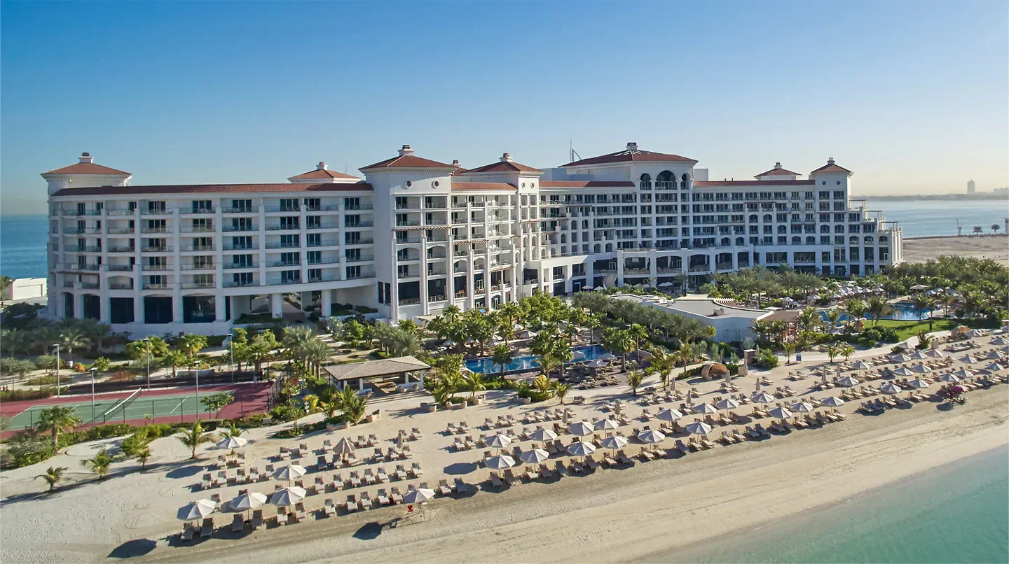 Aerial view of Waldorf Astoria Dubai Palm Jumeirah hotel and beach in Dubai.